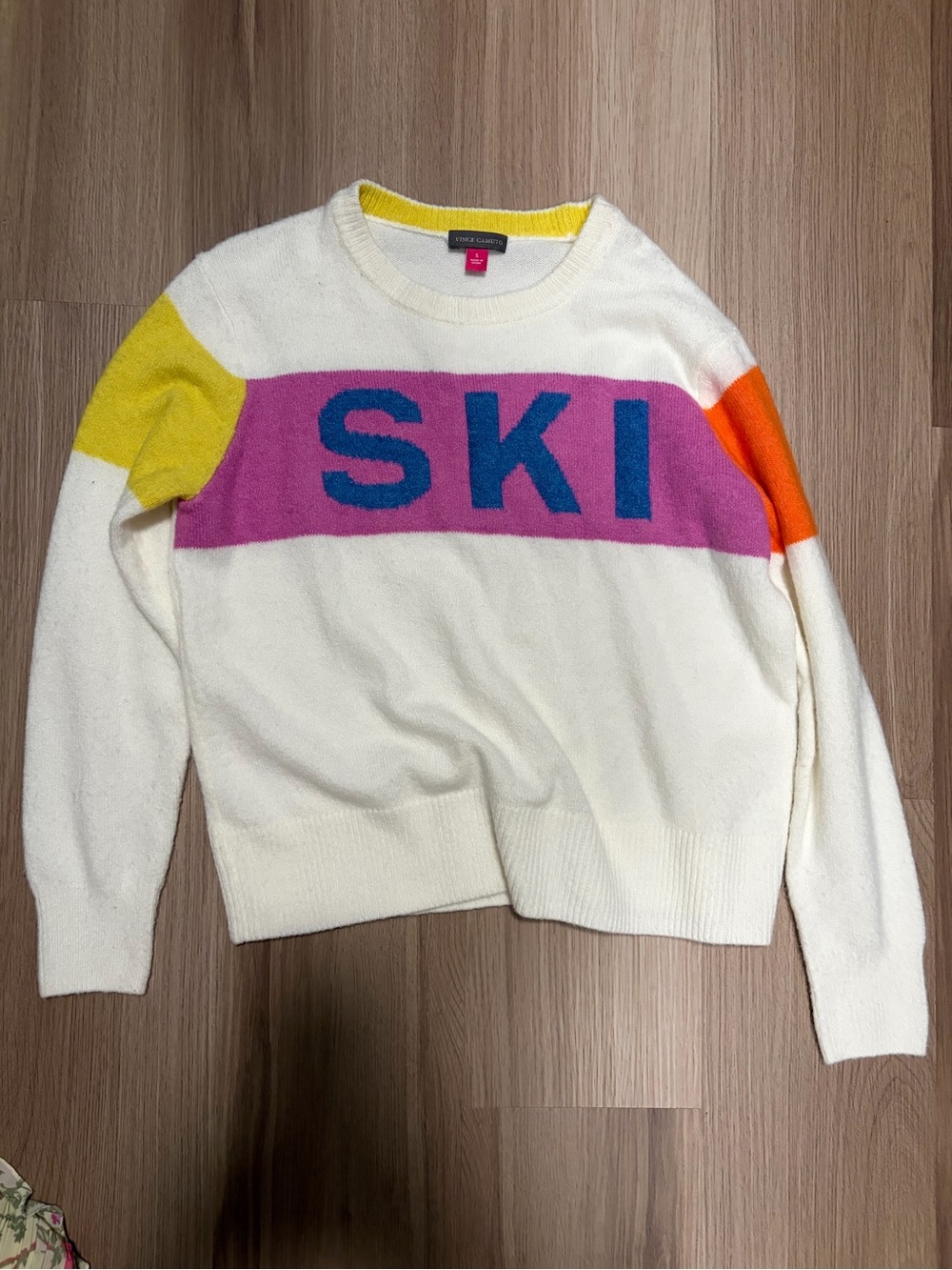 Vince Camuto White 'SKI' Crewneck Sweater with Pink Stripe